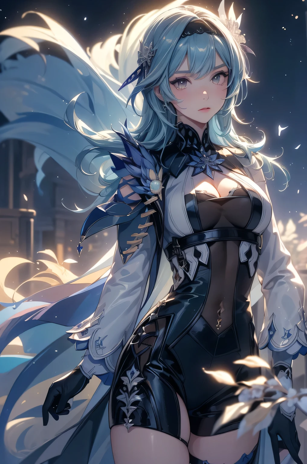 ((euladef)):1.5,((masterpiece,highest quality,Highly detailed images,Beautiful images))1.4(eu la images、arms behind head、night scene、Overall dim lighting、Backlight、A fantastic atmosphere、Thick Fog、Dust flutters)1.3,(Close-up image of eula)1.1、(Great cleavage、Exposing cleavage):1.2
