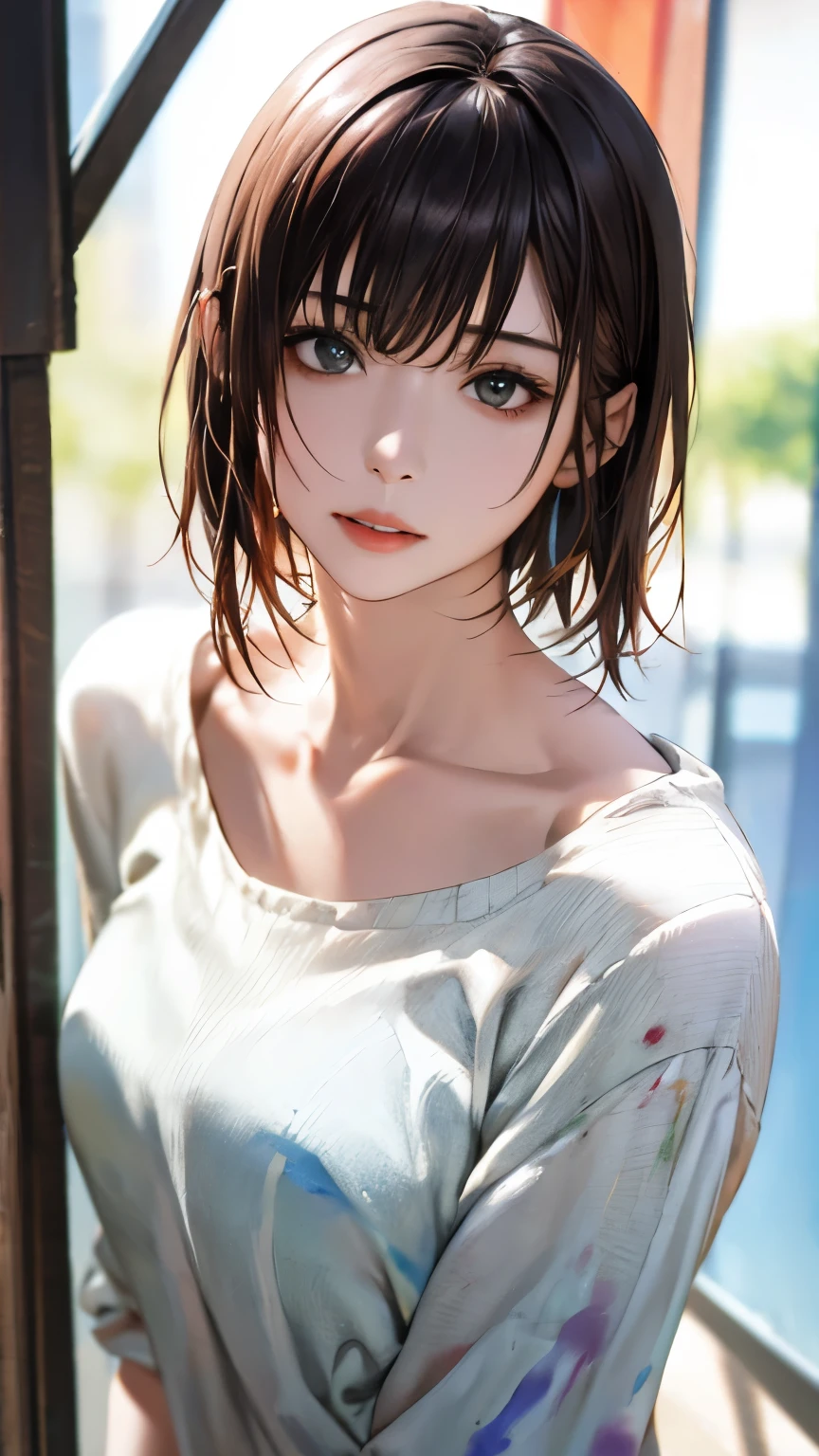 (hig彼st quality、8k、32k、masterpiece)、(Realistic)、(Realistic:1.2)、(High resolution)、Very detailed、Very beautiful face and eyes、1 girl、Delicate body、short hair, (hig彼st quality、Attention to detail、Rich skin detail)、(hig彼st quality、8k、Oil paint:1.2)、Very detailed、(Realistic、Realistic:1.37)、Bright colors、Full Body Shot, (Casual Fashion)