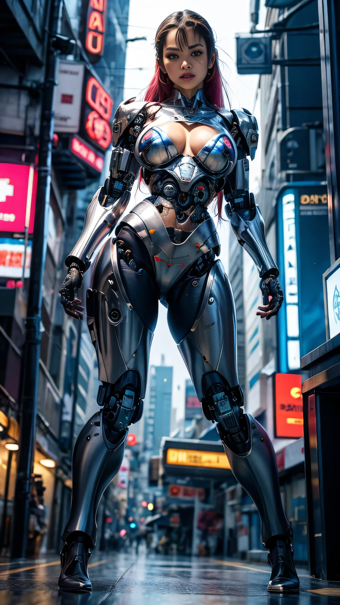 One girl, solo, Japanese girl, (((cyborg:1.4))), cyborg girl, cyborg armor, Cyborg suit, Beautiful details in the eyes, In detail, Bright Eyes, Turquoise Eyes, Full Body Shot、Huge boobs:1.2, (((Floating Hair))), Look at the viewers, throw, Women in focus, Large, even eyes, Long Hair, Gorgeous Hair, Air Van, Dynamic Pose, Dynamic Angle, Beautiful Face、Detailed and perfect face、Big Tits、Narrow waist、Crotch gap、Open thighs、Combat Stance、 Fighting Pose、 running、 Future City、Cinema lighting、Cyberpunk World、Modern metropolis、neon、Sci-Fi Style、beam、Laser beam、explosion、flash、spark、