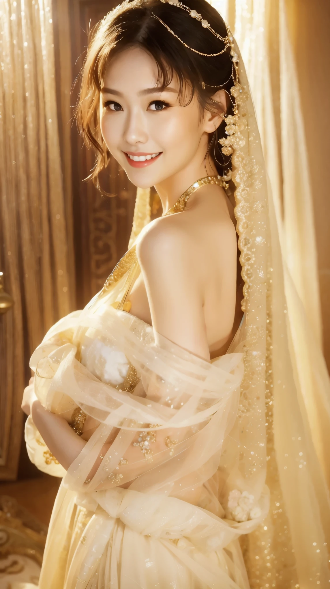 Fashion model 25 years old [[[[close up]]]], [[[[neck]]]], [[[[Shoulder]]]], Perfect eyes, Perfect iris，Perfect lips，Perfect Teeth，Perfect skin，White skin，Soft headlight，High-density imaging review，（Face is clear and delicate），((Smile))，((Background is indoor))，best quality，masterpiece，（Soft colors：1.2）