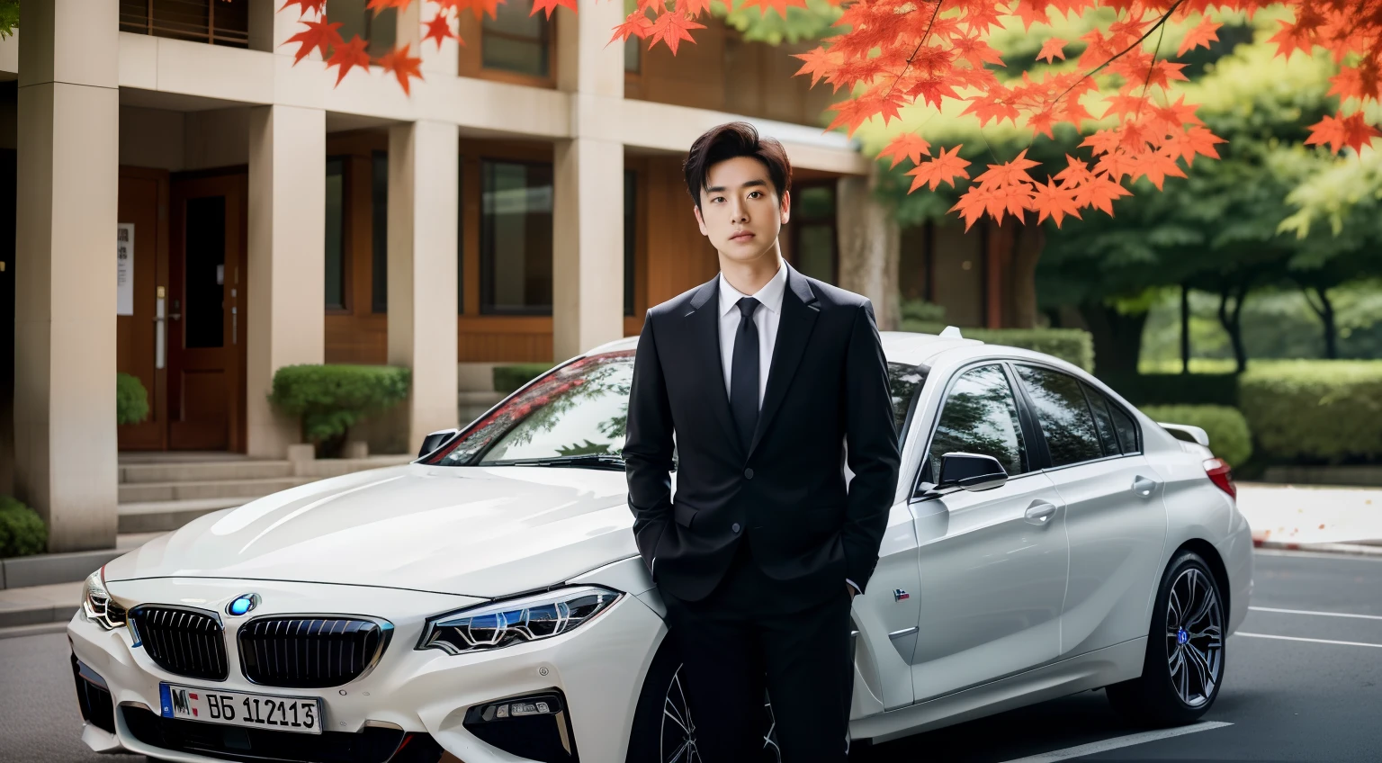 Young handsome man in suit standing up、Standing under the red maple tree、Red and big maple leaves、delicate leaves、branch details)、(A white BMW car next to the man、Man's hands on car roof)shadow、Octane Rendering、8K、Super sharp、realistic light、(There is only one car on the street、man's shining eyes、looking in the direction of the camera)、小LED、Ultra high quality、 High、 gentleman、very beautiful hair、 Bright photos、 As handsome as a model、 As handsome as an idol,Professional profile photo, Professional portrait photos、Realistic portrait photos, Detailed color portrait, Portrait of an idol, High quality full body portrait photos.