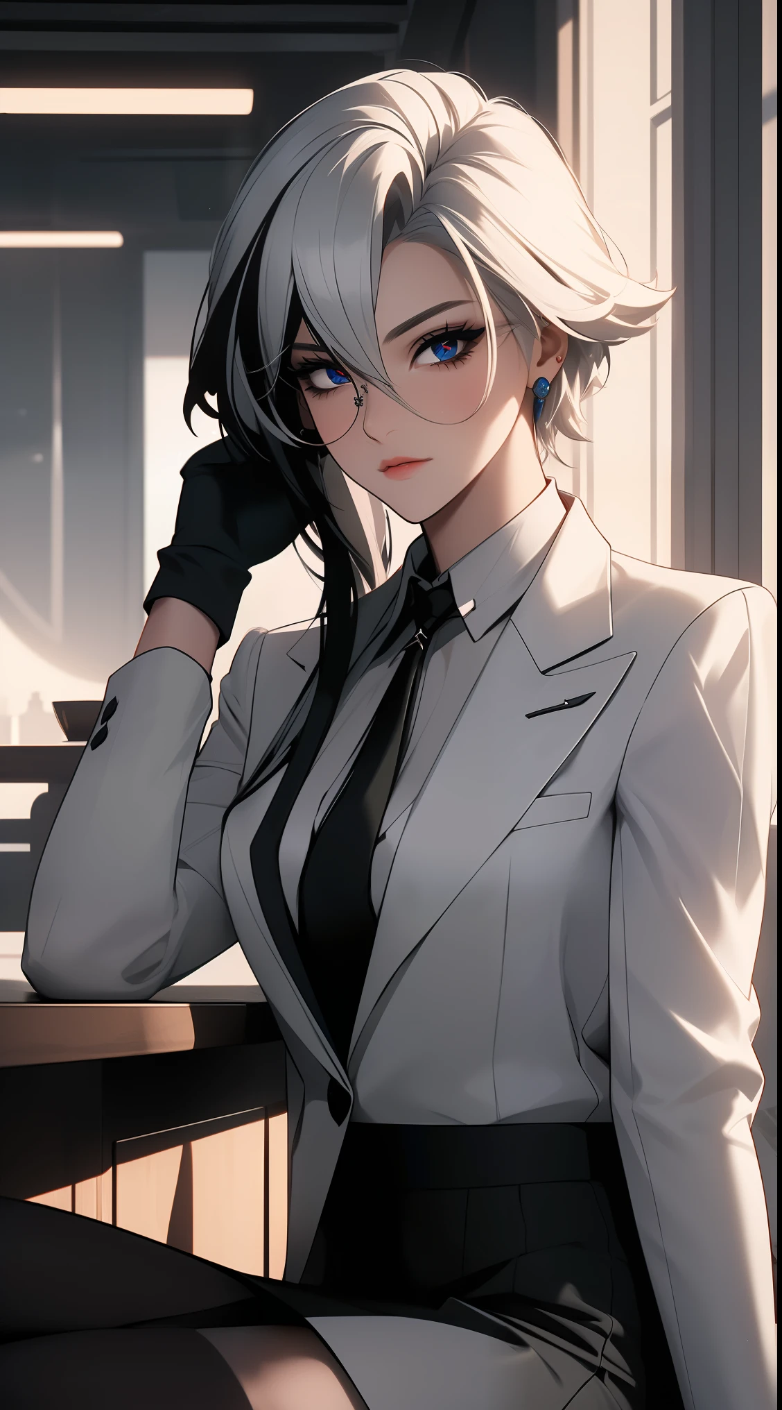 1girl, solo, white hair, black hair, multicolored hair, black eyes, x-shaped pupils,
BREAK (({Black business suit:1.40},{tie:1.20},{sunglasses:1.25},{White gloves:1.15},{ White shirt:1.10}, {Black Skirt:1.15}, good looking:1.5))
BREAK expressionless, looking at viewer, sitting,
BREAK (masterpiece:1.2), best quality, high resolution, unity 8k wallpaper, (illustration:0.8), (beautiful detailed eyes:1.6), extremely detailed face, perfect lighting, extremely detailed CG, (perfect hands, perfect anatomy),