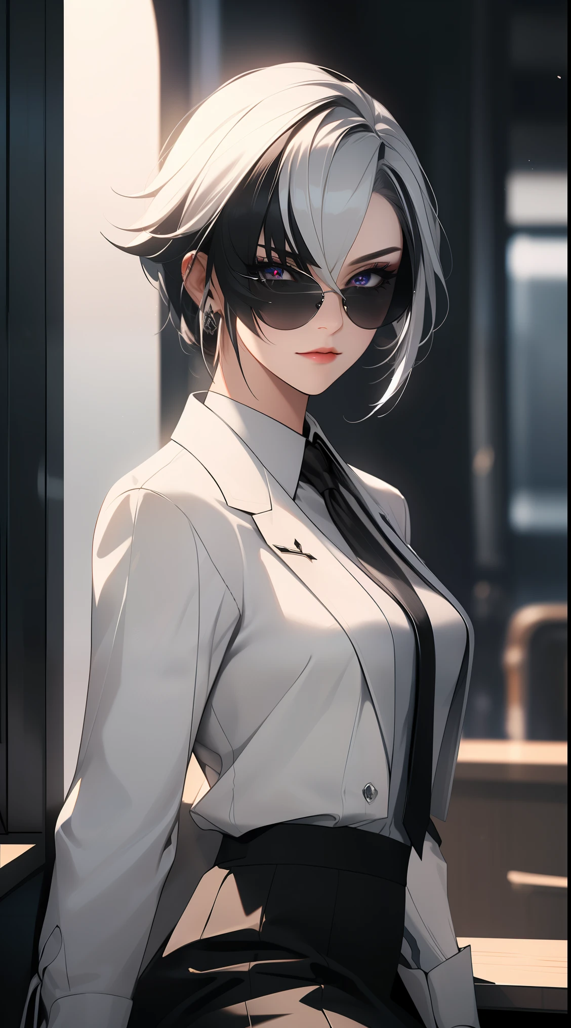 1girl, solo, white hair, black hair, multicolored hair, black eyes, x-shaped pupils,
BREAK (({Black business suit:1.40},{tie:1.20},{sunglasses:1.25},{White gloves:1.15},{ White shirt:1.10}, {Black Skirt:1.15}, good looking:1.5))
BREAK expressionless, looking at viewer, sitting,
BREAK (masterpiece:1.2), best quality, high resolution, unity 8k wallpaper, (illustration:0.8), (beautiful detailed eyes:1.6), extremely detailed face, perfect lighting, extremely detailed CG, (perfect hands, perfect anatomy),