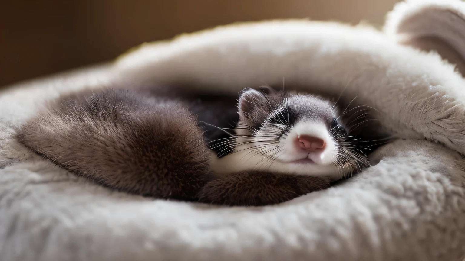 A ferret sleeps on a fluffy cushion with its eyes closed and breathing in its sleep.