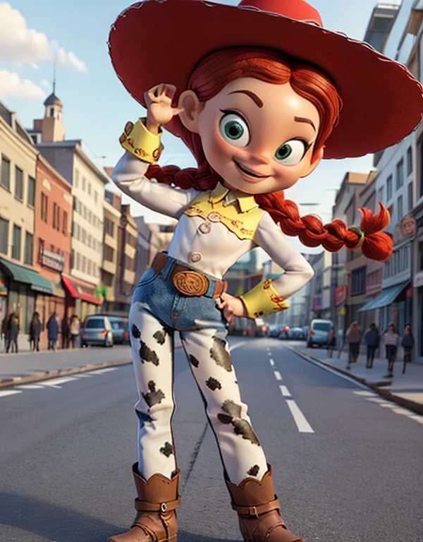 JessieWaifu, red hair, single braid, cowboy hat, shirt,belt, animal print pants, boots, looking at viewer, smiling, standing, full body shot, outside, city, street, blue sky, high quality, masterpiece, 