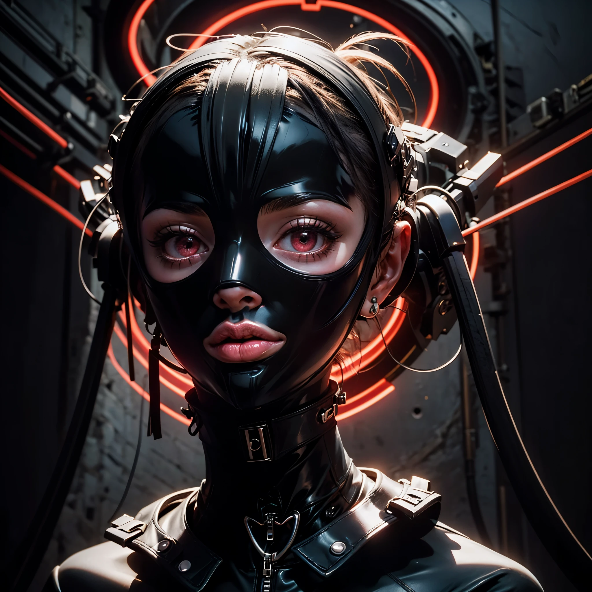 a very beautiful and very thin girl, wears black underwear with tights and latex face mask. Dark room with only red neon lighting. Viele Details, extremely realistic. good quality, 8k