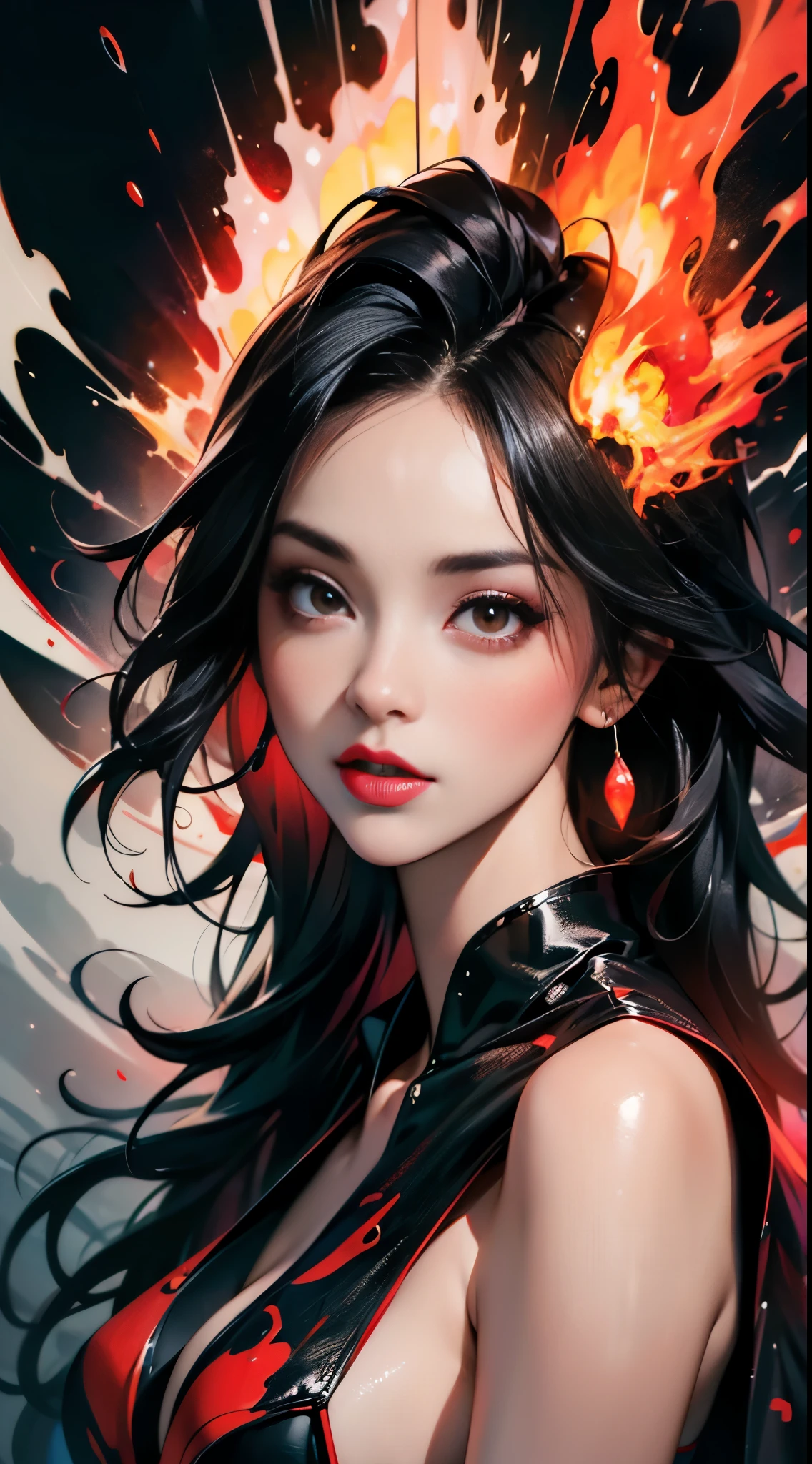 masterpiece, best quality, ultra high res, beautiful, elegant, graceful, award-winning art, 1girl , portrait, half-naked, (style of Yuko Shimizu:1.1), (abstract art:1.2), red lips, silent in chaoodel pose in fashion show, style of rebecca guay, black hair, red fire , cloaked in flames, dark theme, visually stunning, gorgeous
