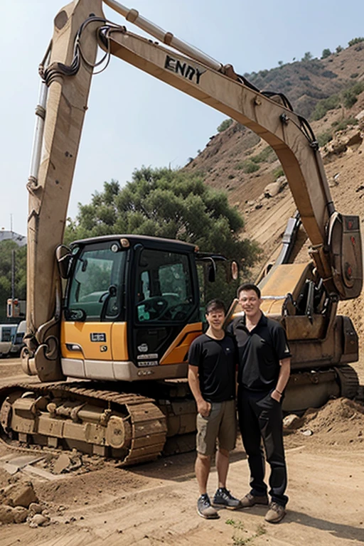 A Chinese and a white man. Thumbs up in front of the excavator.