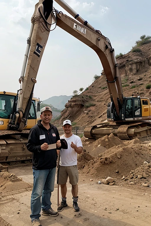 A Chinese and a white man. Thumbs up in front of the excavator.