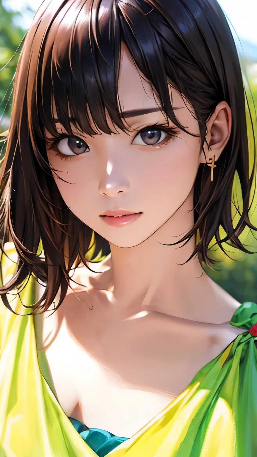 (hig彼st quality、8k、32k、masterpiece)、(Realistic)、(Realistic:1.2)、(High resolution)、Very detailed、Very beautiful face and eyes、1 girl、Delicate body、short hair, (hig彼st quality、Attention to detail、Rich skin detail)、(hig彼st quality、8k、Oil paint:1.2)、Very detailed、(Realistic、Realistic:1.37)、Bright colors、Full Body Shot, (Casual Fashion)