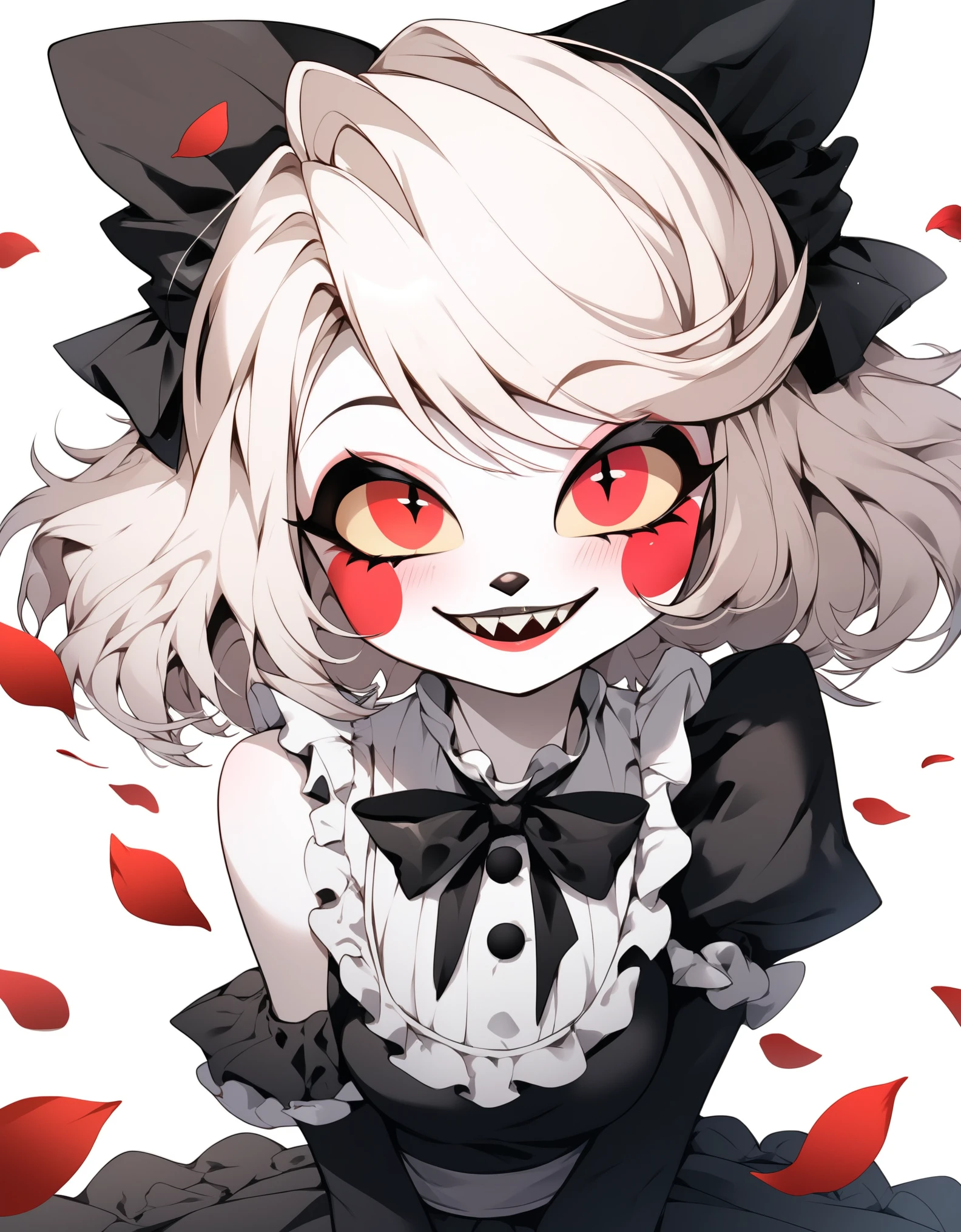 score_9, score_8_up, score_7_up, source_furry, rating_safe, Cloverdemon, clover face, face de la plante, Yeux de chat, red petals, black petals, Clown, pale skinned, sourire, contenu, suffisant, hazbin hotel style,