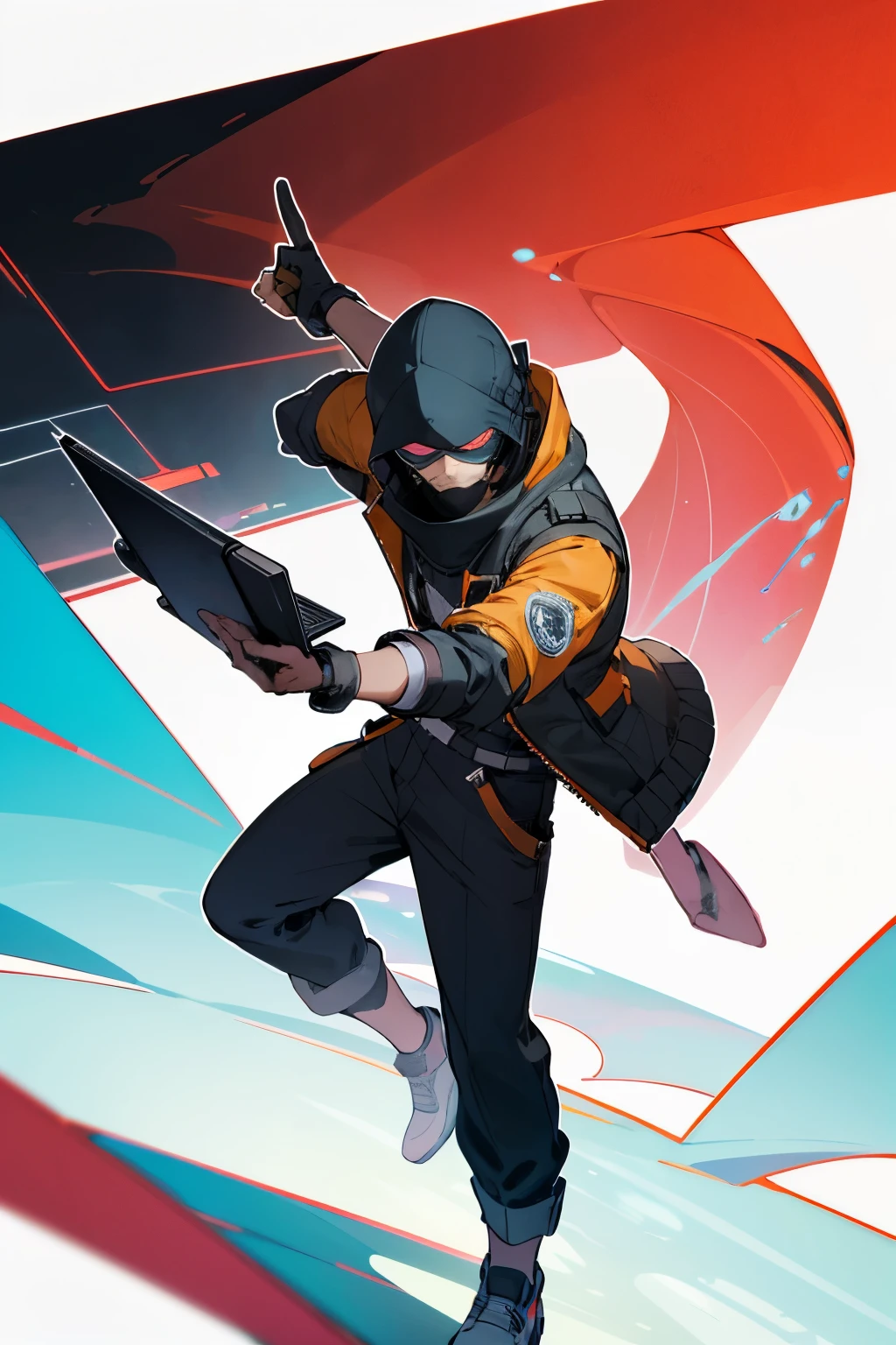 
"Create an image of a man in Borderlands style: he stands in a confident pose, dressed in a bright jacket and trousers with expressive contours. His face is hidden under a balaclava, only the eyes are visible through the glasses. He holds a laptop in one hand, and the other, stretched forward, index finger pointed at the viewer, as if inviting to dialogue. The vague outline of a tech city or landscape may be visible in the background, but the focus should always be on this mysterious figure."