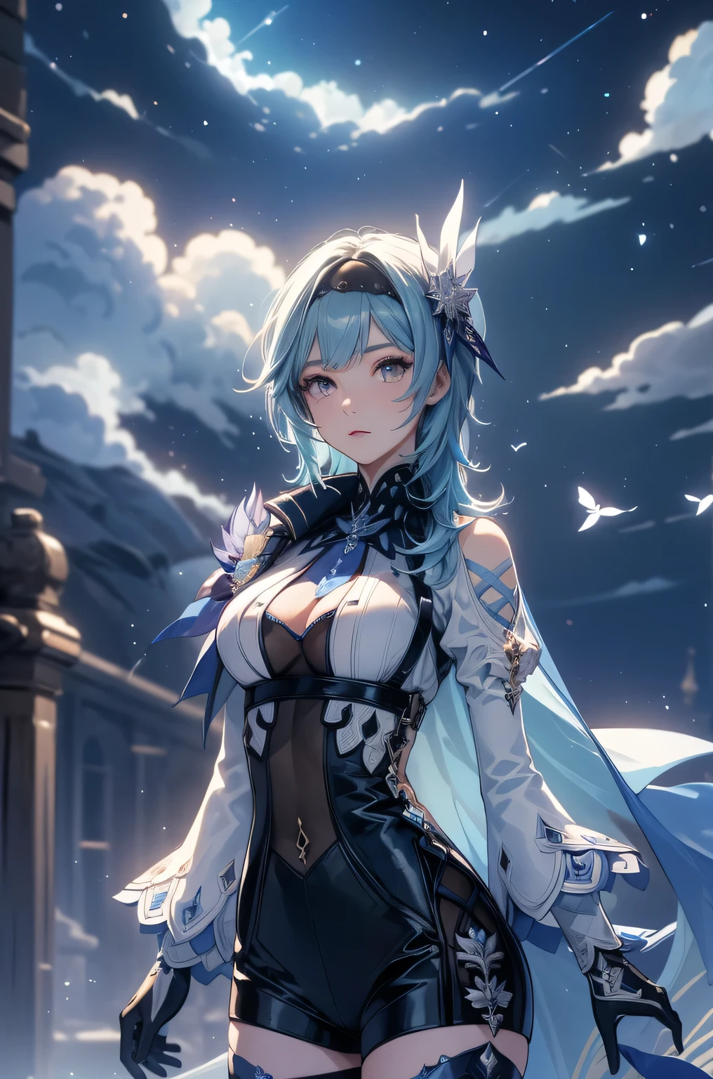 ((euladef)):1.5,((masterpiece,highest quality,Highly detailed images,Beautiful images))1.4(eu la images、arms behind head、night scene、A magical night city、Overall dim lighting、Backlight、A fantastic atmosphere、Thick Fog、Dust flutters)1.3,(Close-up image of eula)1.1、(Great cleavage、Exposing cleavage):1.2