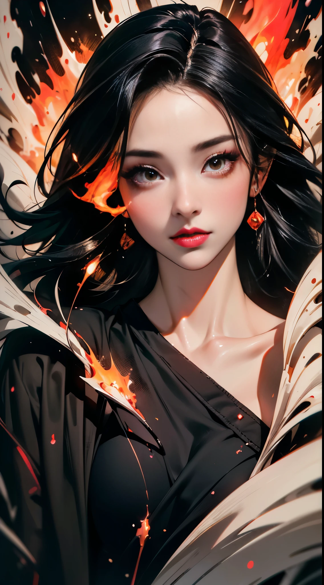 masterpiece, best quality, ultra high res, beautiful, elegant, graceful, award-winning art, 1girl , portrait, (style of Yuko Shimizu:1.1), (abstract art:1.2), red lips, silent in chaoodel pose in fashion show, style of rebecca guay, black hair, red fire , cloaked in flames, dark theme, visually stunning, gorgeous