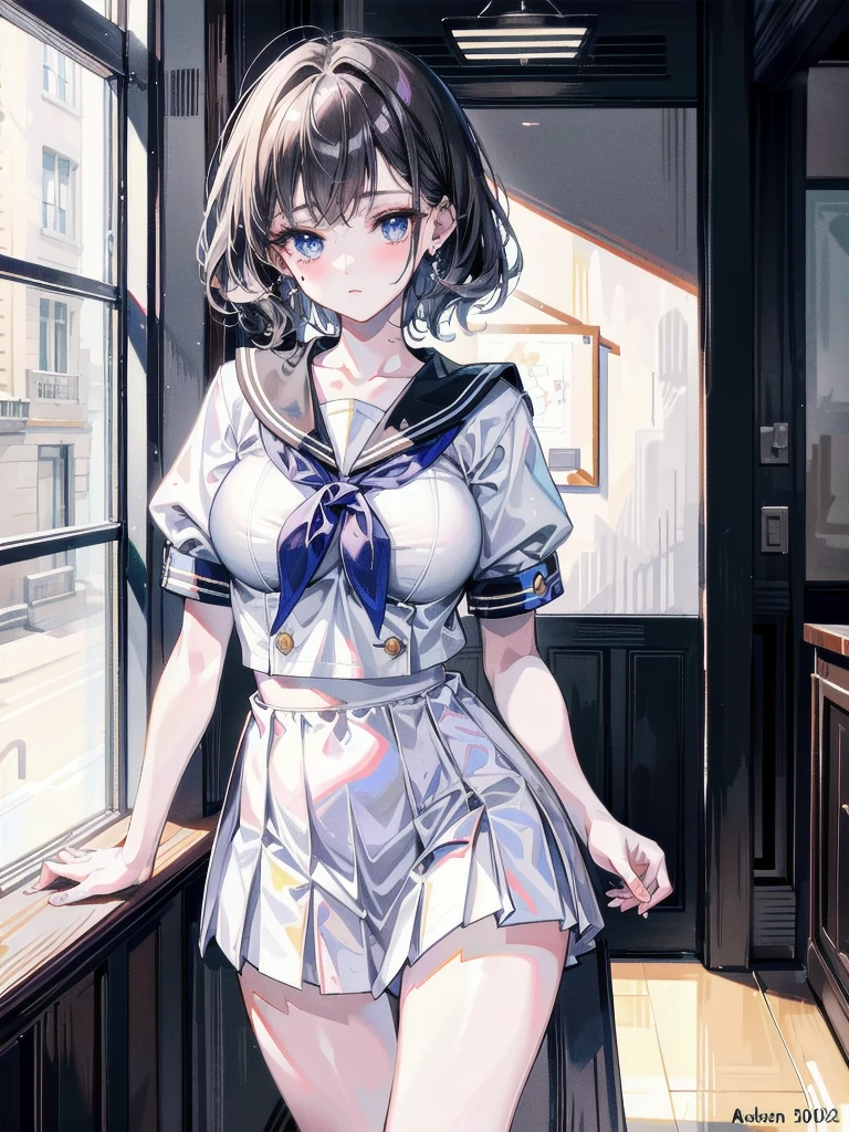 sailor school_uniform, absurdres, RAW photo, extremely delicate and beautiful, masterpiece, Best Quality, ultra high resolution, 32k, hyperrealistic, ultra-detailed, detailed description, pale skin, 20 years old, tearful mole, earring, Colossal tits, short medium hair, wavy hair, 