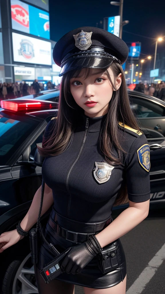 Highest image quality,Outstanding details,Ultra-high resolution,Future,She is wearing a futuristic uniform,Short skirt,She stood in front of the police car,sturdy body,Sexy and powerful,Detailed abs,Delicate muscle lines,dynamic poses,night,Future city street background,Neon,Technology,future technology,Very detailed cyberpunk style,Cyberpunk characters,Highly skilled police,Very detailed police hat,badge,Wearing a police hat,Highly detailed guns,Future,Intercom,Wireless Devices,Detailed handcuffs,Highly sophisticated police equipment,Highly detailed police car,Future police car,front,Full body image,Looking from the bottom up,Looking from the bottom up, Look at the audience,mechanical