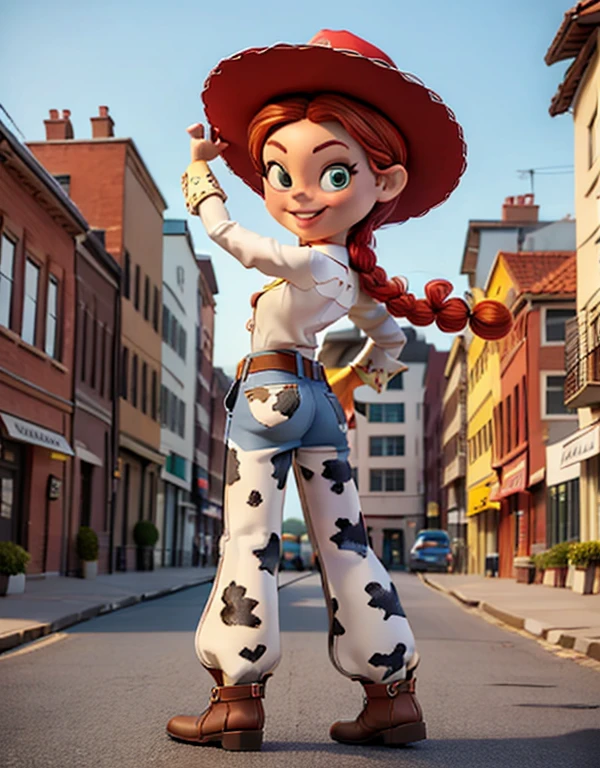 JessieWaifu, red hair, single braid, cowboy hat, shirt,belt, animal print pants, boots, looking at viewer, smiling, standing, full body shot, outside, city, street, blue sky, high quality, masterpiece, back view, 