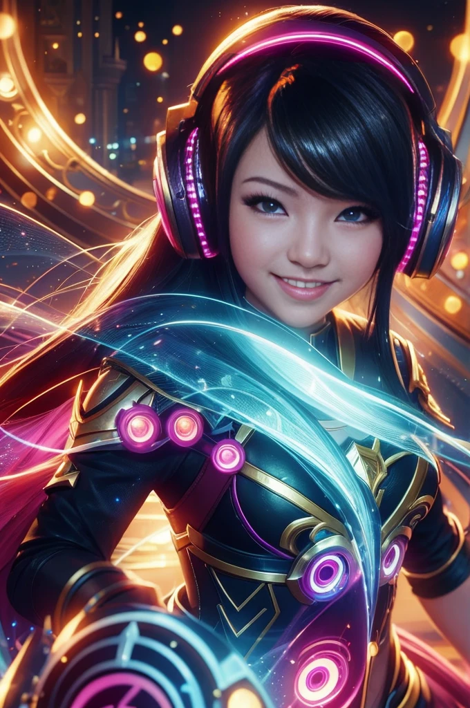 Close-up：A smiling girl with headphones, 8k Type Germ bokeh, rossdraws Global Illumination, League of Legends Characters, stanley Type Germ lau, extremely detailed Type Germ, style Type Germ, Ross trans style, Most models | Type Germ, rossdraws cartoon vitality, Type Germ lau, trending Type Germ