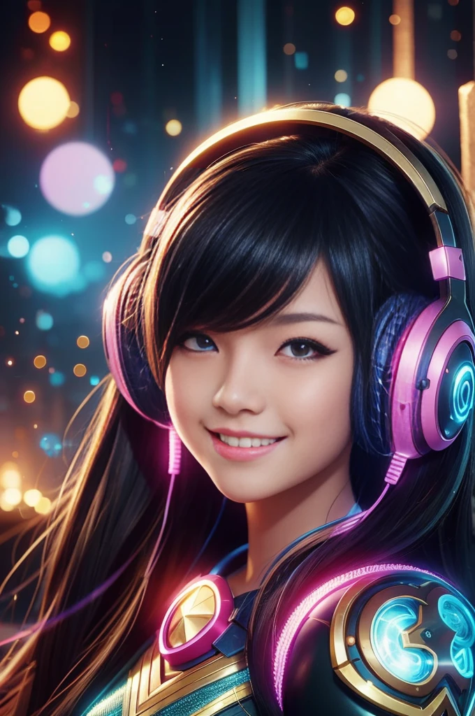 Close-up：A smiling girl with headphones, 8k Type Germ bokeh, rossdraws Global Illumination, League of Legends Characters, stanley Type Germ lau, extremely detailed Type Germ, style Type Germ, Ross trans style, Most models | Type Germ, rossdraws cartoon vitality, Type Germ lau, trending Type Germ