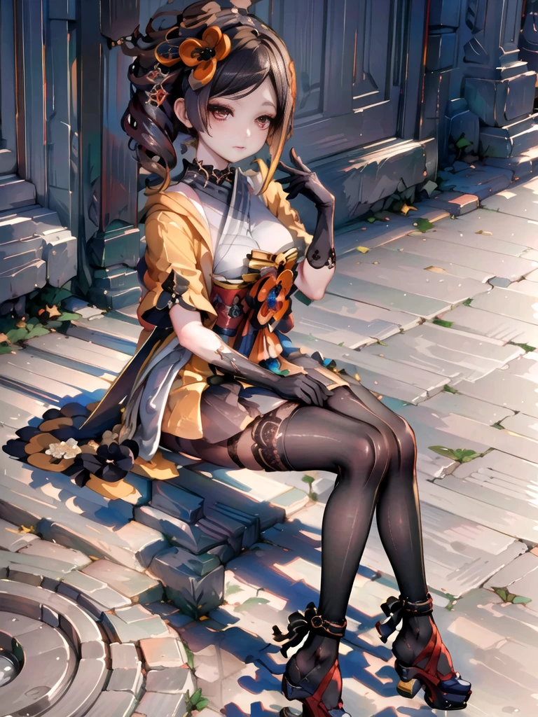 ((best quality)), ((masterpiece)), (detailed), perfect face, perfect hand, chiori, forearm gloves, lace pantyhose, heelless heels