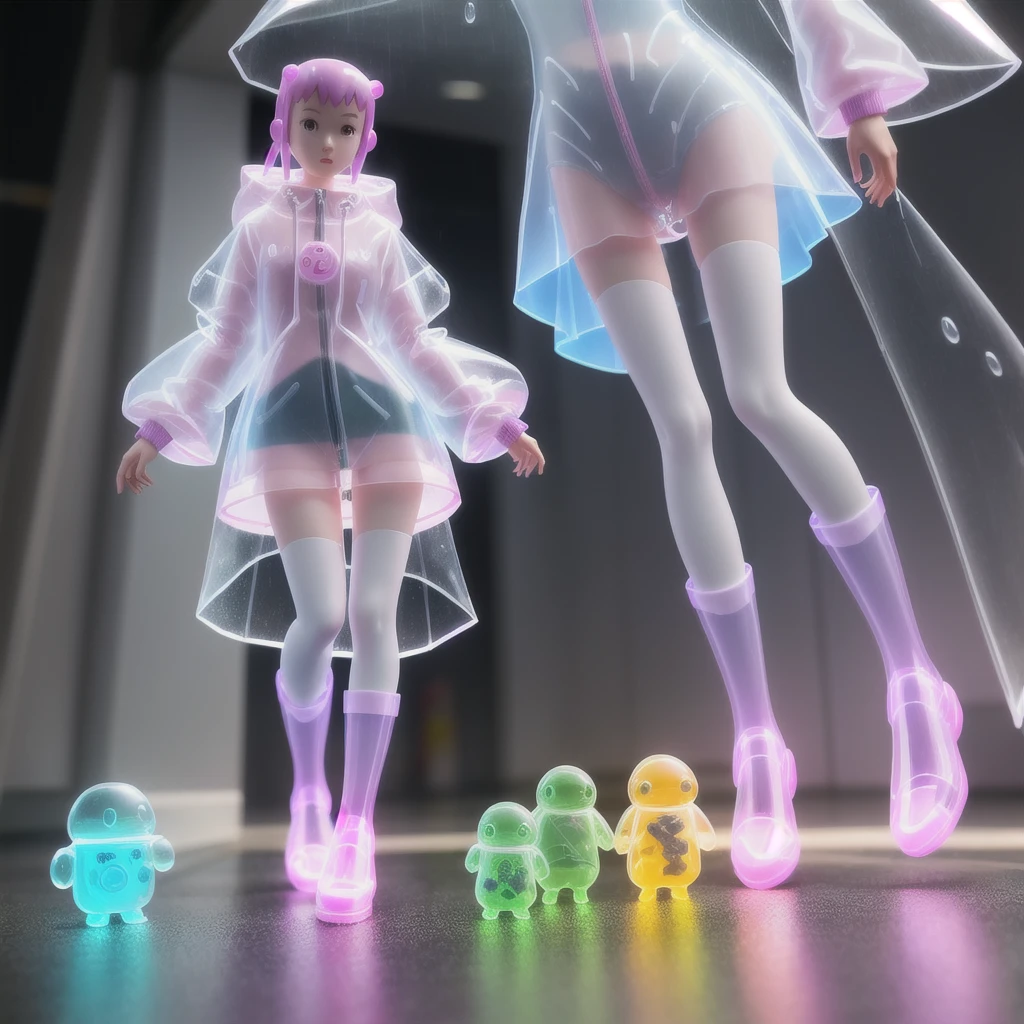 Cool, Lovely, , Long legs, Beautiful socks, Lovely transparent rain boots, Transparent raincoat,Toy, Blender, Candy colors, Cyberpunk, fashion, 3s materials, Simple background, Pop Mart,Blind Box, Bubble glowing creatures, C4D,3D, whole body