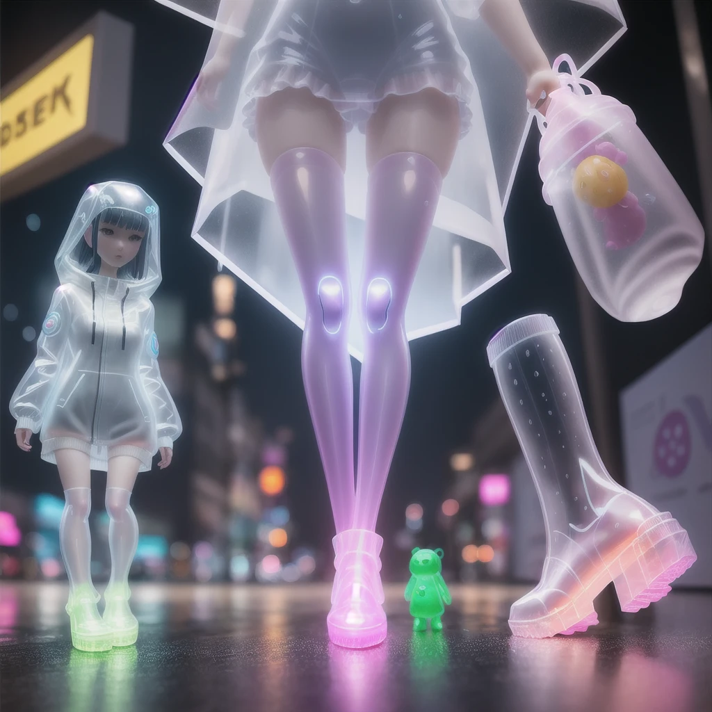 Cool, Lovely, , Long legs, Beautiful socks, Lovely transparent rain boots, Transparent raincoat,Toy, Blender, Candy colors, Cyberpunk, fashion, 3s materials, Simple background, Pop Mart,Blind Box, Bubble glowing creatures, C4D,3D, whole body
