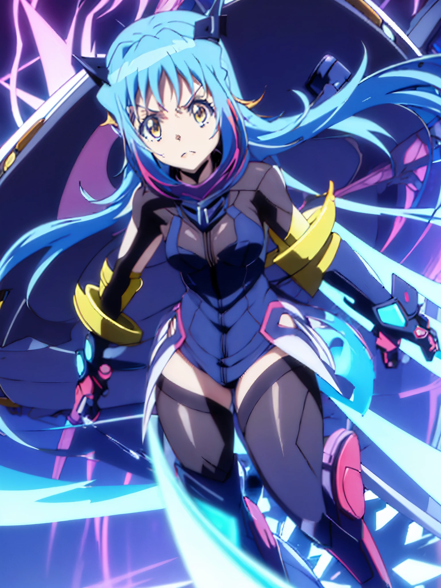 Animestyle,anime logo,1girl(Blue hair,Violet multicolored hair,long hair,GearMode) 