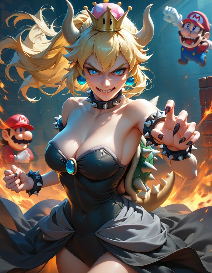 score_9, score_8_up, score_7_up, 1girl, Bowsette from Mario, blonde hair, looking at viewer, action pose, cowboy shot