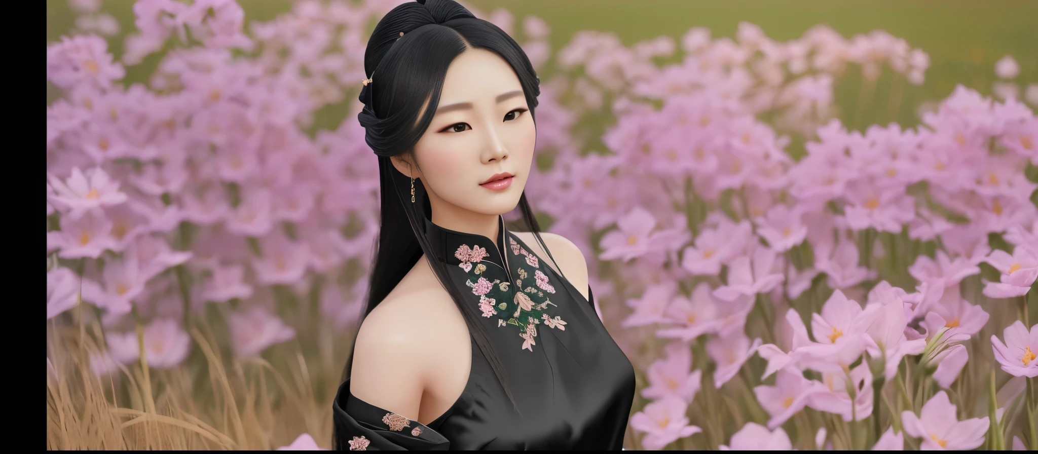 there is a woman in a black dress standing in a field of flowers, inspired by Lan Ying, inspired by Li Mei-shu, inspired by Sim Sa-jeong, detailed long black hair, inspired by Dai Xi, inspired by Huang Ji, a beautiful fantasy empress, inspired by Lü Ji, inspired by Qiu Ying, inspired by Li Tang, realistic, 