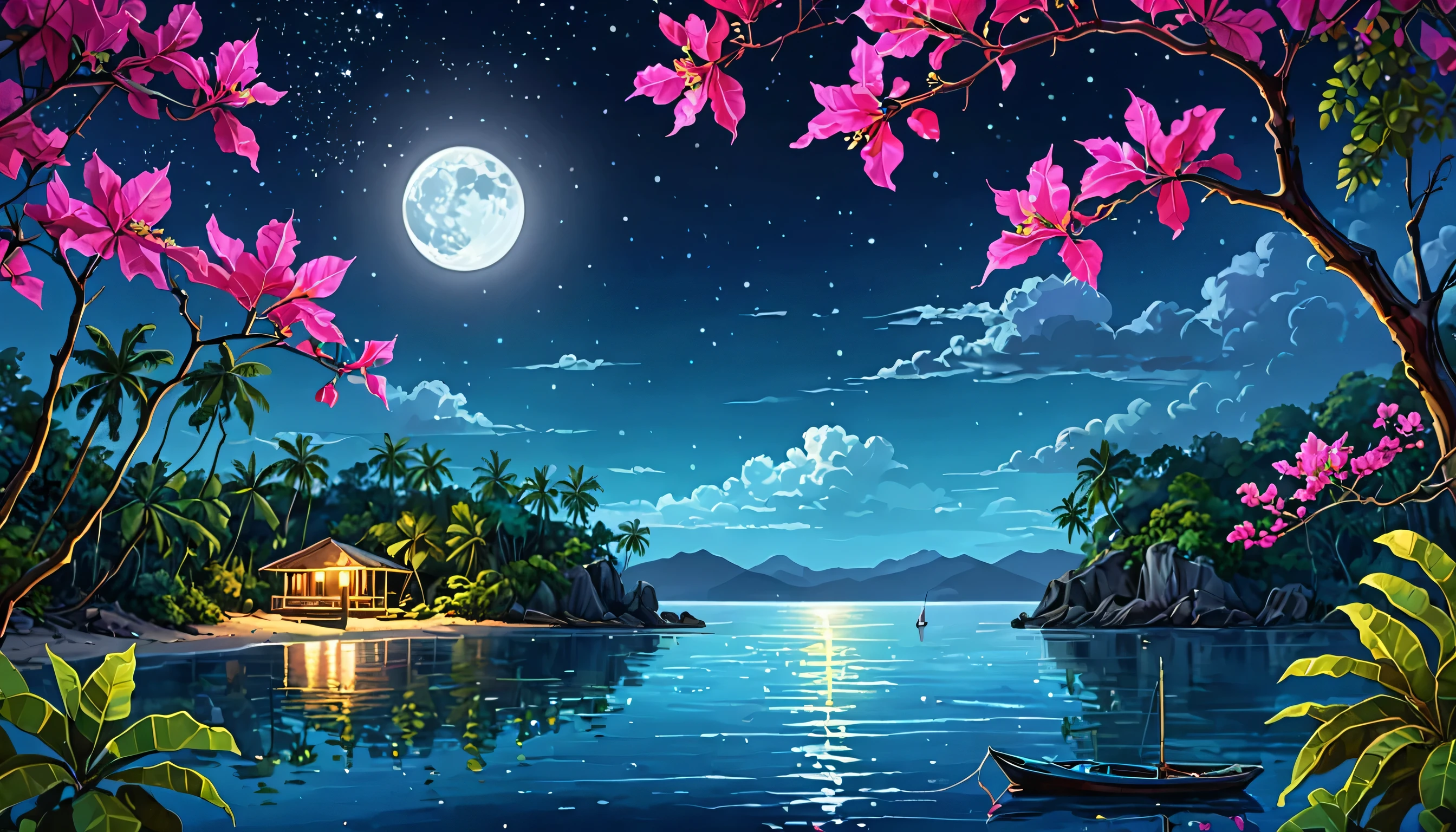 painting of a neon moonlight, Bougainville decoration , 4k hd, moonlight, cloud,ocean, moonlight reflection,beautiful art uhd 4 k, a beautiful artwork illustration, beautiful digital painting, highly detailed digital painting, beautiful digital artwork, detailed painting 4 k, very detailed digital painting, rich picturesque colors, gorgeous digital painting