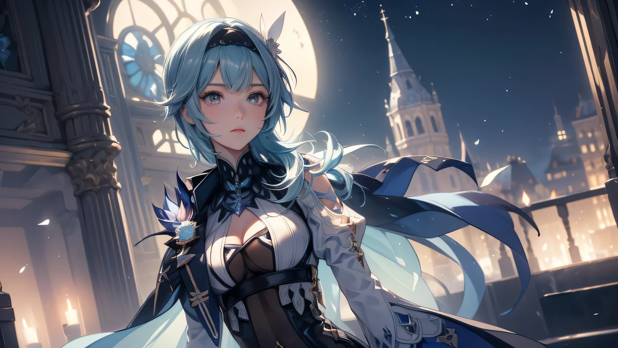 ((euladef)):1.5,((masterpiece,highest quality,Highly detailed images,Beautiful images))1.4(eu la images、arms behind head、night scene、A magical night city、Overall dim lighting、Backlight、A fantastic atmosphere、Thick Fog、Dust flutters)1.3,(Close-up image of eula)1.1、(Great cleavage、Exposing cleavage):1.2
