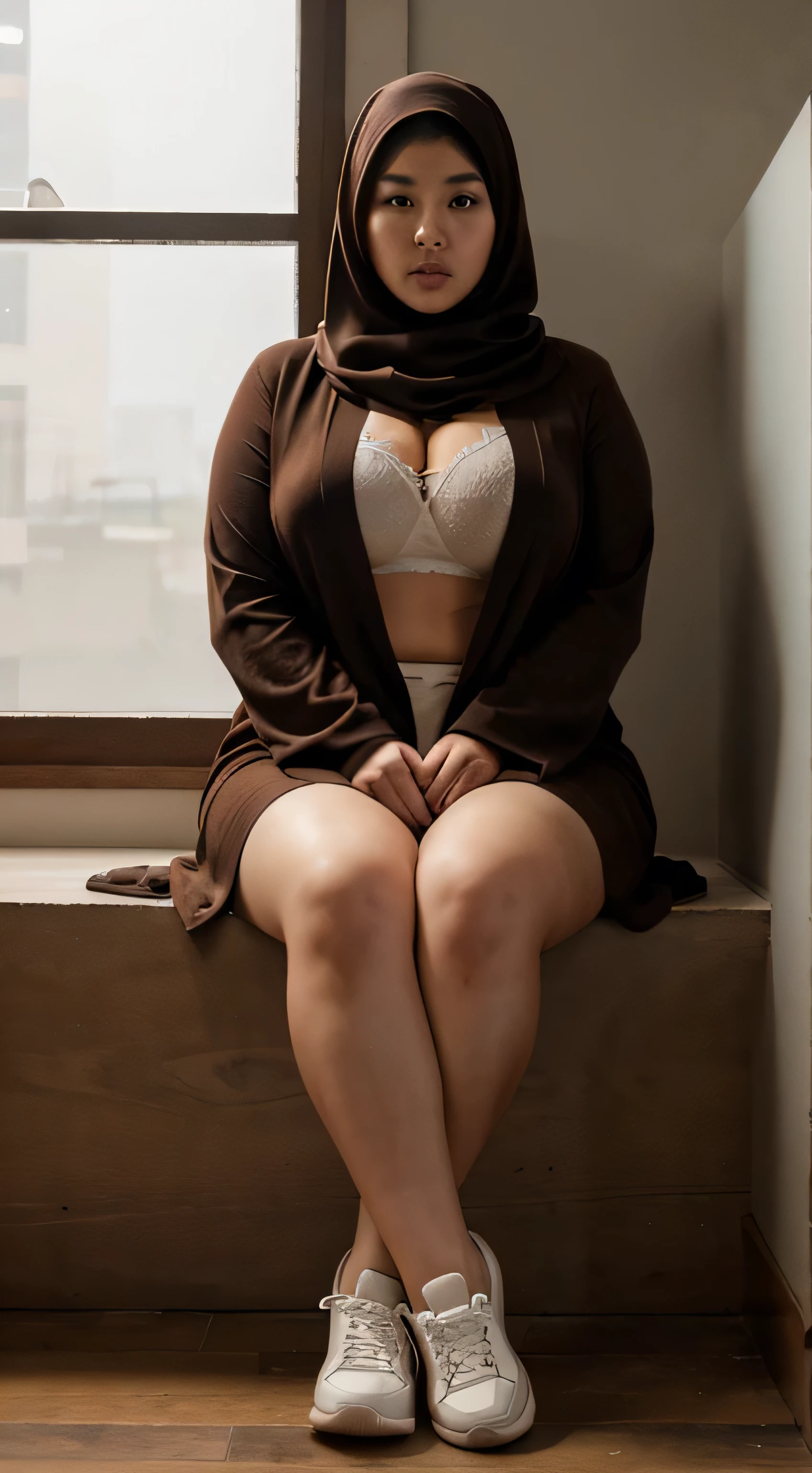 there is a woman sitting down with a longest brown hair, bbwchan, thicc, brown hijab outfit, brown hairstyle model, korean girl, korean woman, wearing brown robe, full length shot, alluring plus sized model, japanese goddess, clothed in hooded, voluptuous and arousing, portrait shot, curvy model, voluptuous body, wonderful, nene tanaka body , bbwchan, The overall atmosphere is smooth , haunting illustrations, extremely high-resolution details, photographic, realism pushed to extreme, fine texture, 4k, ultra-detailed, high quality, high contrast, red sneakers , cold atmosphere ,, cold atmosphere