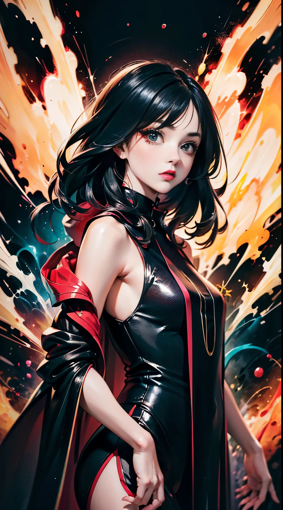 masterpiece, best quality, ultra high res, beautiful, elegant, graceful, award-winning art, 1girl , portrait, (style of Yuko Shimizu:1.1), (abstract art:1.2), red lips, silent in chaoodel pose in fashion show, style of rebecca guay, black hair, red fire , cloaked in flames, dark theme, visually stunning, gorgeous