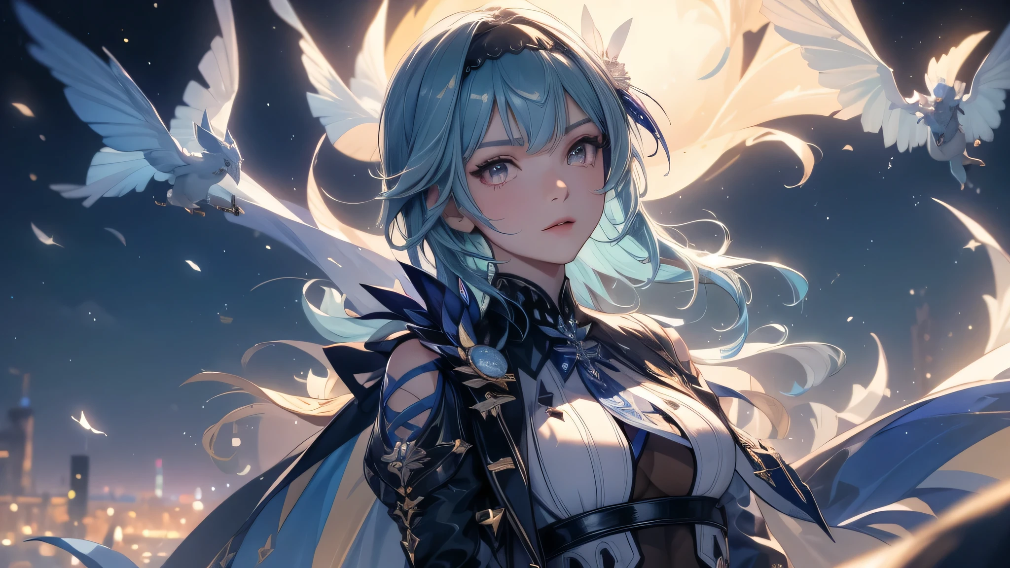 ((euladef)):1.5,((masterpiece,highest quality,Highly detailed images,Beautiful images))1.4(eu la images、arms behind head、night scene、A magical night city、Overall dim lighting、Backlight、A fantastic atmosphere、Thick Fog、Dust flutters)1.3,(Close-up image of eula)1.1、(Great cleavage、Exposing cleavage):1.2
