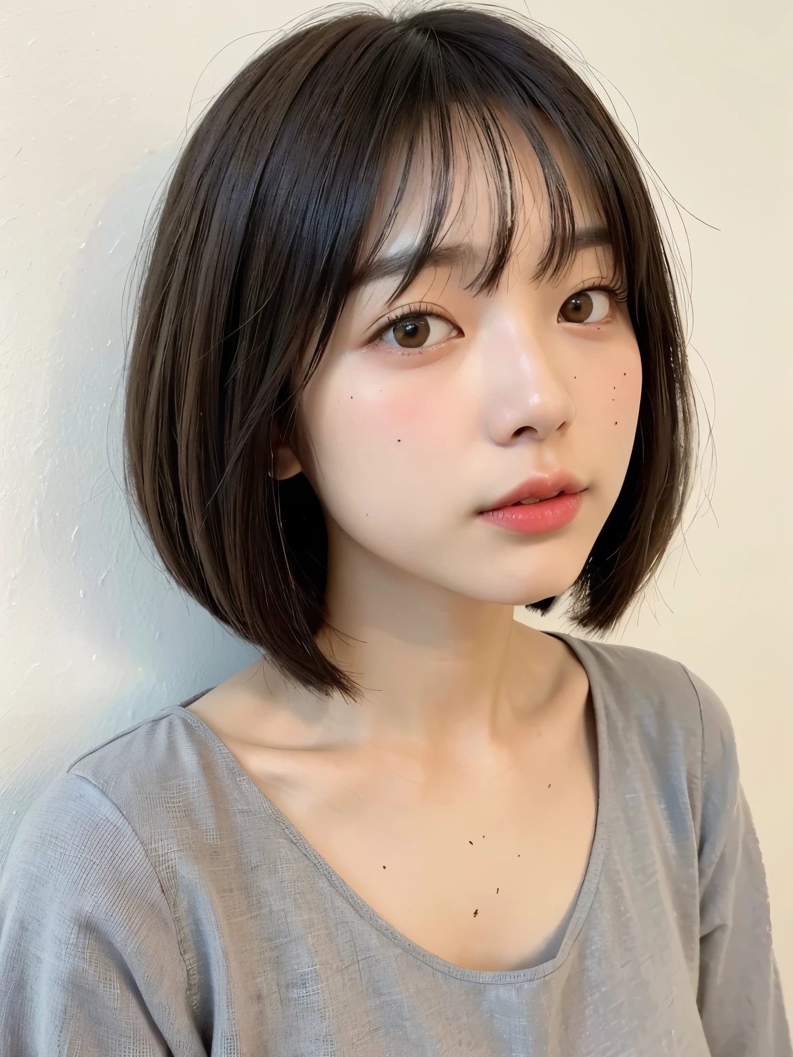 Grey long-sleeved dress、Stylish dresses、Tabletop、(背景にWhite wall、Some of my hair is light grey:1.4)、White wall、In front of a white door、(窓のあるWhite wallの部屋)、((highest quality、8k、masterpiece:1.3))、Ultra-high resolution、(photoGenuineistic:1.4)、RAW Photos、Japanese,(face)、Genuine、Photographed in natural light、Highly detailed face and skin texture、Highly detailed lips、The correct state of the human body、Bobcut、Bob Hair、short hair、Black Hair、Various poses、Natural color lip