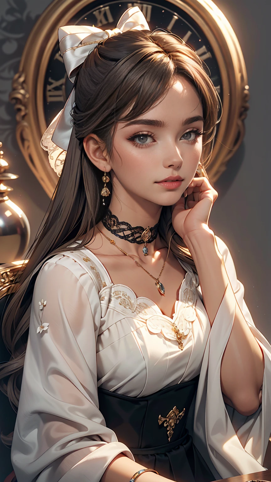 cute, ultra-detailed, figure, Complex, detailed, extremely detailed, detailed face, Soft Lighting, Soft Light, Soft Focus, Perfect Face, beautiful, Accurate anatomy, Exposure, 8k, 4K, (High resolution:1.1), highest quality, (masterpiece:1.3), One girl, alone, jewelry, Brown eyes, View your viewers, Earrings, Grey Hair, bangs, black lace choker, Mouth closed, Portraiture, clock, hair ornaments, Simple Background, Gray background, Long Hair, Headrest, lips, hair bow, black choker, bow, eyelash