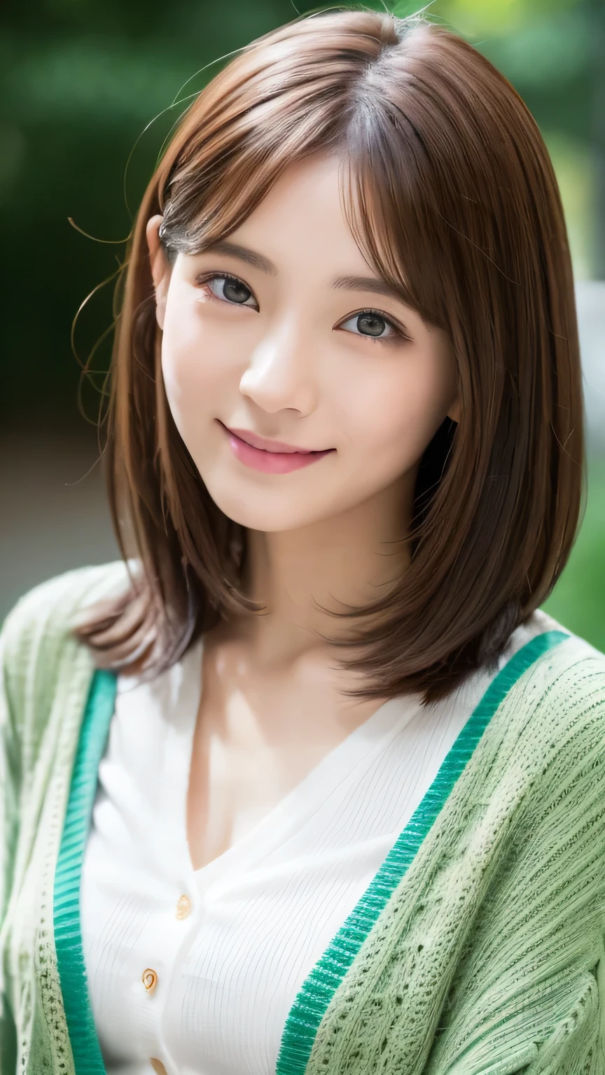 8k, highest quality, masterpiece, Realistic, Photorealistic, Ultra-detailed, Natural light, Highly detailed face and skin, Detailed eyes, Highly detailed face and skinの中間ショット, Beautiful woman staring at camera, Sexy pose, Tabletop, Beautiful Face, Realistic Face, Detailed face, Beautiful hairstyle, Realistic eyes, Fine grain, Realistic Skin, Detailed skin, Beautiful Skin, Charm, Ultra-realistic, ((Sexy green cardigan, kind, Brown Hair, Cute Japanese Girl, whole body,Dimples,))