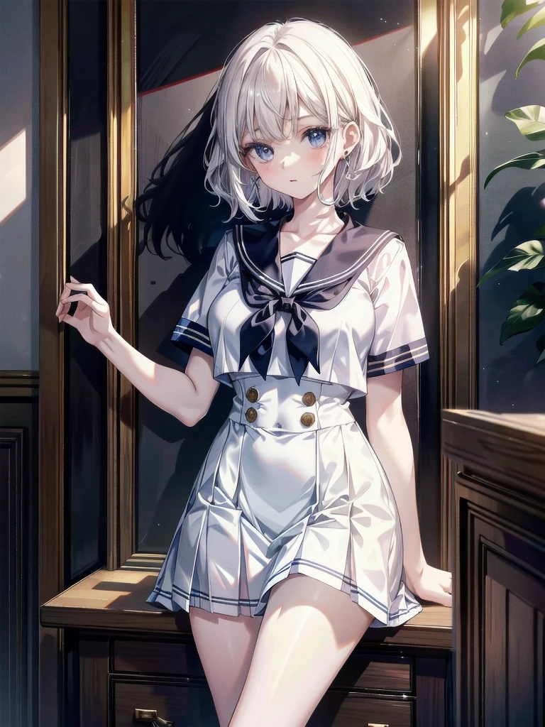 sailor school_uniform, absurdres, RAW photo, extremely delicate and beautiful, masterpiece, Best Quality, ultra high resolution, 32k, hyperrealistic, ultra-detailed, detailed description, pale skin, 20 years old, tearful mole, earring, Colossal tits, short medium hair, wavy hair,