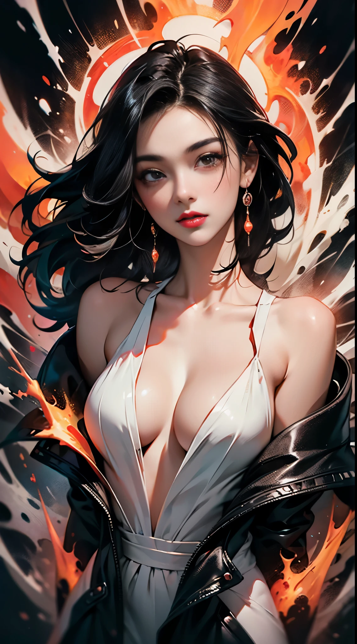 masterpiece, best quality, ultra high res, beautiful, elegant, graceful, award-winning art, 1girl , portrait, half-naked, (style of Yuko Shimizu:1.1), (abstract art:1.2), red lips, silent in chaoodel pose in fashion show, style of rebecca guay, black hair, red fire , cloaked in flames, dark theme, visually stunning, gorgeous