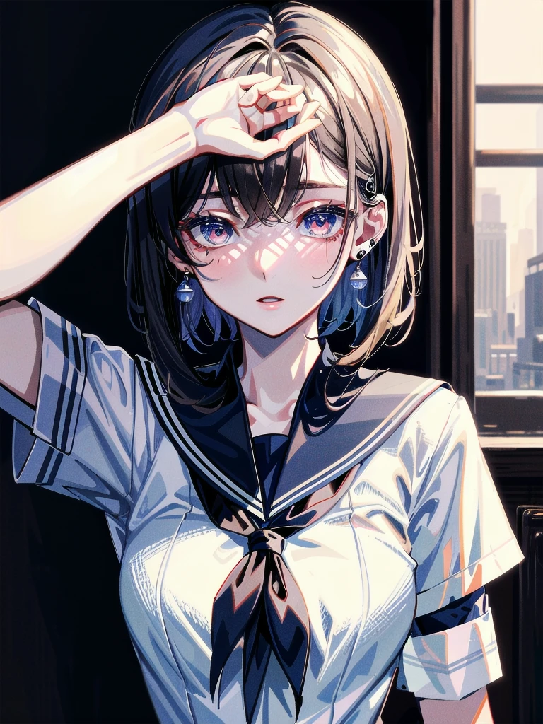 sailor school_uniform, absurdres, RAW photo, extremely delicate and beautiful, masterpiece, Best Quality, ultra high resolution, 32k, hyperrealistic, ultra-detailed, detailed description, pale skin, 20 years old, tearful mole, earring, Colossal tits, short medium hair, wavy hair, 