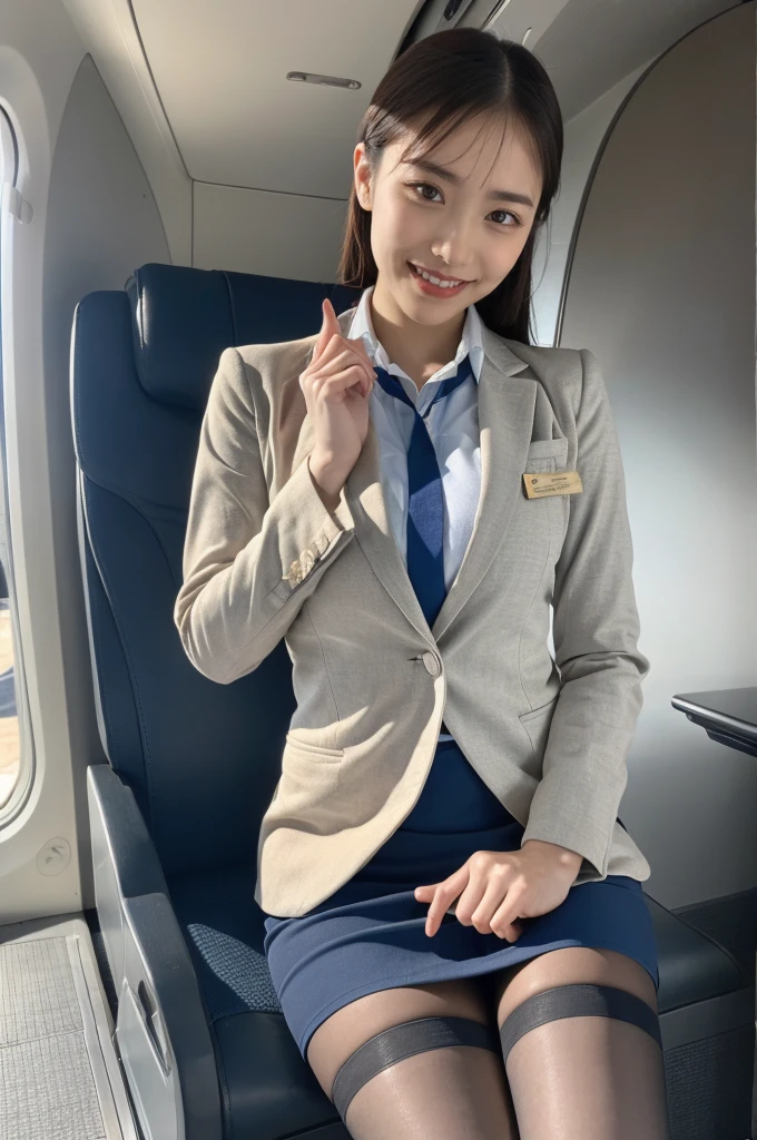 (8K, best quality, masterpiece:1.2), (realistic, photo-realistic:1.37), (high color saturation:1.0), (highly detailed skin), (highest quality:1.0), (ultra high resolution:1.0) ,(realistic:1.0), (Super detailed:1.0), (8K, Raw photo:1.1)、standing random pose, smiling, natural breast, perfect lighting, 3girls, 24years old, (mysterious), clear and detailed, ((ANA_Cabin Crew, blue flight attendant_uniform)), beige pantyhose, (aircraft, aircraft seats), cute face, looking at back viewer, while putting her socks on,