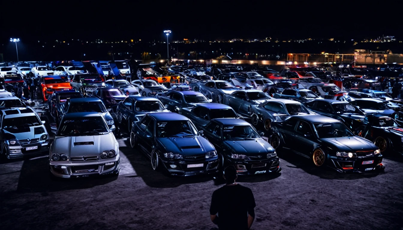 a mechanic surrounded by tuned cars with body kits (Night) (very distant camera) (cars) (tuning) (spoilers) (person) (looking at the camera) (chido) (lights)