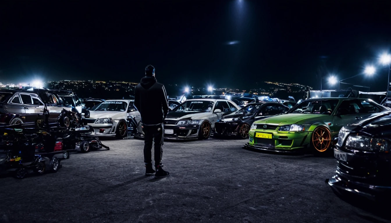 a mechanic surrounded by tuned cars with body kits (Night) (very distant camera) (cars) (tuning) (spoilers) (person) (looking at the camera) (chido) (lights)