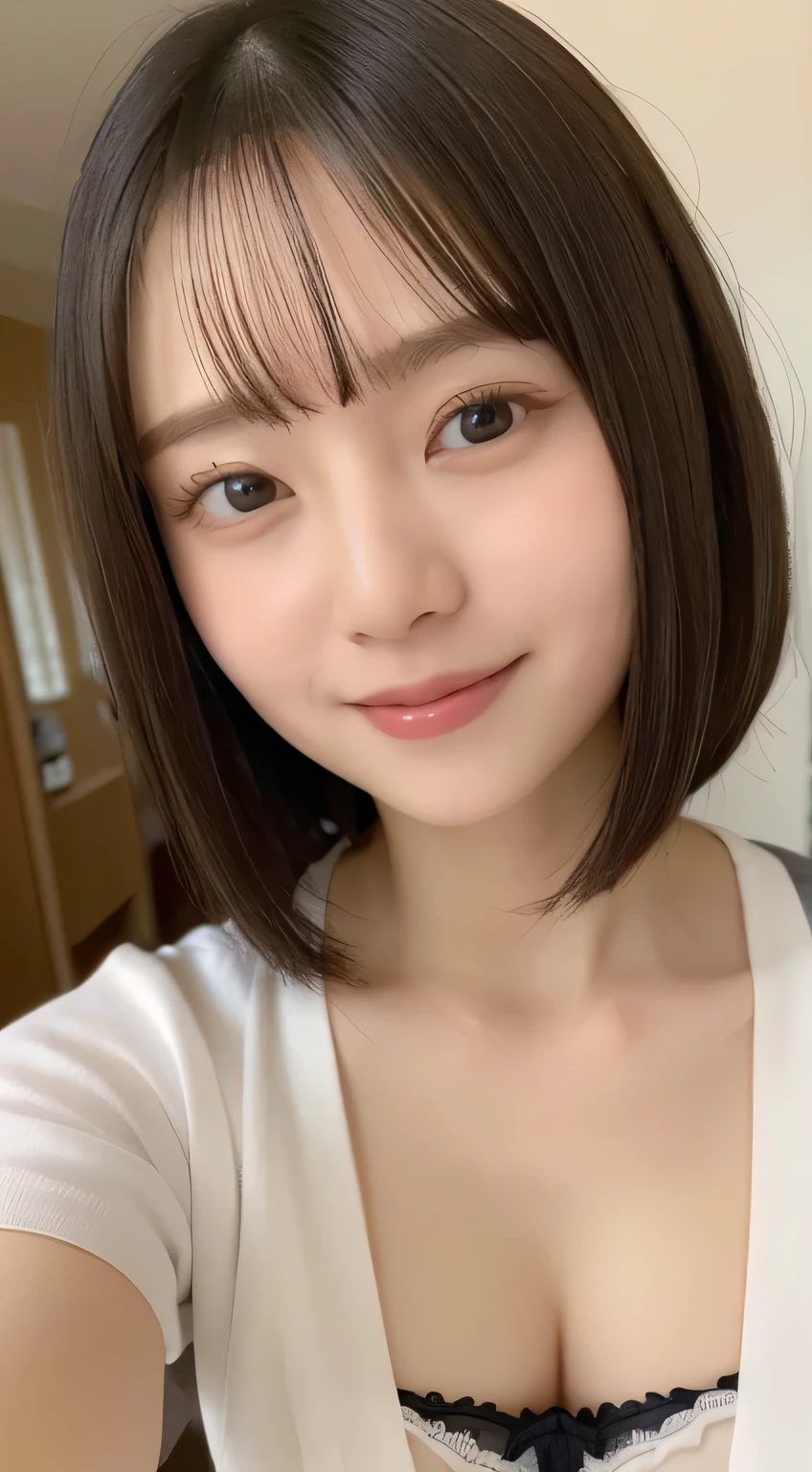 ((highest quality、8k、masterpiece:1.5))、One Girl、Laughter、(Mouth closed:1.3)、Blunt bangs、Bangle body: Lots of Esbian:1.4)、(Symmetrical face)、Ultra detailed face、Detailed eyes、Detailed ears、double eyelid、Slim face、(Selfie:1.3)、(Selfie)、(look up)、(From above)、(Large Breasts:0.9)、The background is blurred、Short Hair、In underwear
