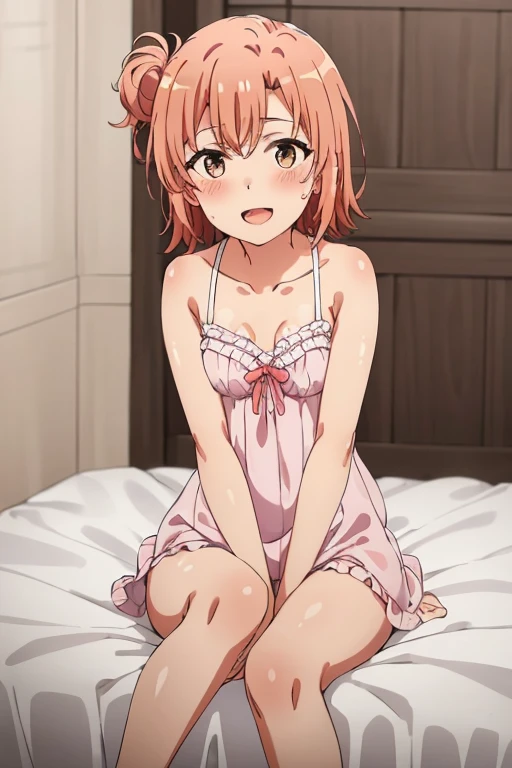 ((highest quality)), ((masterpiece)), (be familiar with), Perfect Face, indoor, Bedroom, Watching the audience,
One woman, Yuigahama Yui,
Open Mouth, Ecstatic expression, blush, smile,
Small breasts, Flat Chest, Young Girl, , , Girl,
Short Hair, Salmon-colored hair, Salmon-colored eyes, Side Pony,
Leg spread,