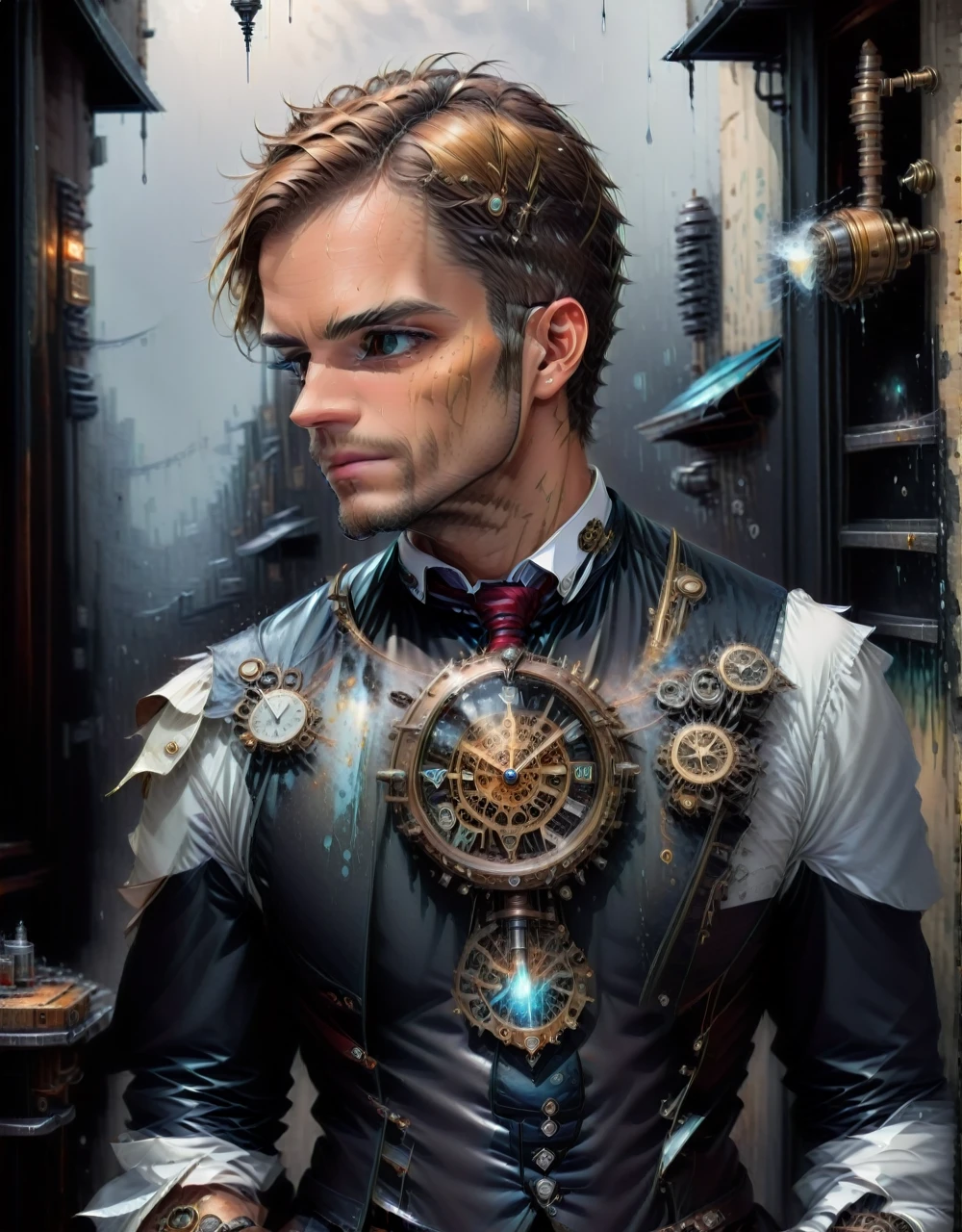 Robot-Butler with mechanical engineering profile, steampunk tie, detail soft shadow, ennui atmosphere mechanical face, mechanical decorative cane of holding one hand, from below view, in intricate and insane detail mechanical, on intricate detail butler's clothes, low key lighting element, cool beauty mechanical, full body shot, from side, nice look cyber butler's clothes, beauty like sharpened blade atmosphere, extremely fine shadow, backdrop of drizzle graffiti, eternal time clock, feels like eternity time wind, loneliness atmosphere, dim white lighting, street art graffiti inspiration, sadness glow eyes of through expression, gallant expression, darkest dim glow, darkest core oil paint illustration with detail, very clear detail, extremely clear texture, intricate brush stroke, high quality, high resolution, top quality,