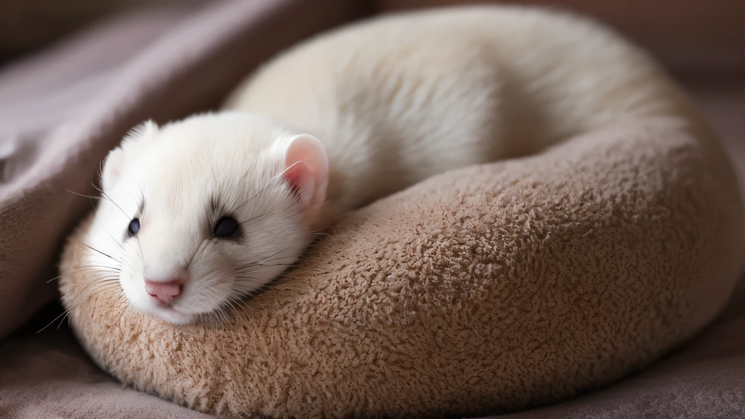 A ferret sleeps on a fluffy cushion with its eyes closed and breathing in its sleep.