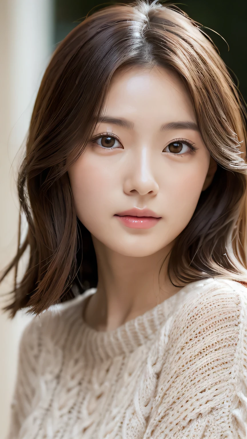 8k, highest quality, masterpiece, Realistic, Photorealistic, Ultra-detailed, Natural light, Highly detailed face and skin, Detailed eyes, Highly detailed face and skinの中間ショット, Beautiful woman staring at camera, Sexy pose, Tabletop, Beautiful Face, Realistic Face, Detailed face, Beautiful hairstyle, Realistic eyes, Fine grain, Realistic Skin, Detailed skin, Beautiful Skin, Charm, Ultra-realistic, ((Sexy knitwear, kind, Brown Hair, Cute Japanese Girl, whole body,Dimples,))