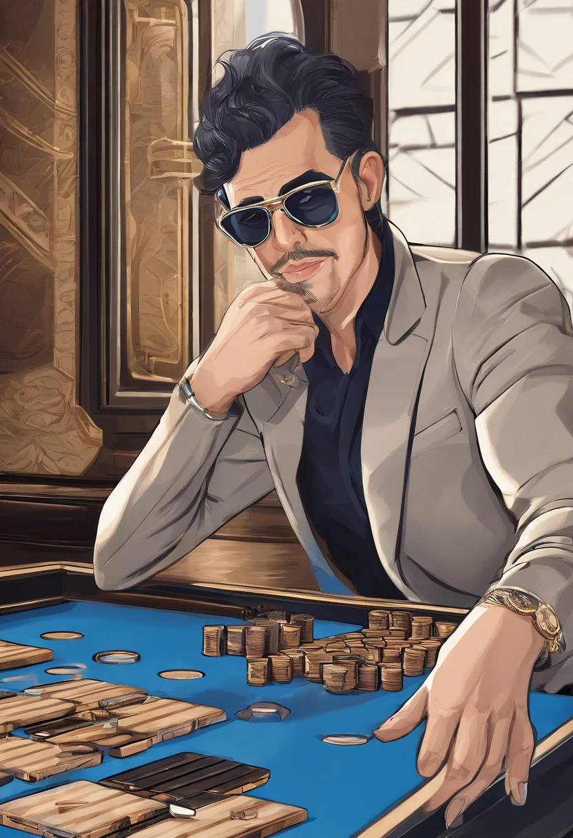 Backgammon game. Cartoon character of a man wearing black glasses and a blue shirt, playing backgammon