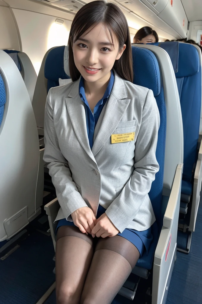 (8K, best quality, masterpiece:1.2), (realistic, photo-realistic:1.37), (high color saturation:1.0), (highly detailed skin), (highest quality:1.0), (ultra high resolution:1.0) ,(realistic:1.0), (Super detailed:1.0), (8K, Raw photo:1.1)、standing random pose, smiling, natural breast, perfect lighting, 3girls, 24years old, (mysterious), clear and detailed, ((ANA_Cabin Crew, blue flight attendant_uniform)), beige pantyhose, (aircraft, aircraft seats), cute face, looking at back viewer, while putting her socks on,